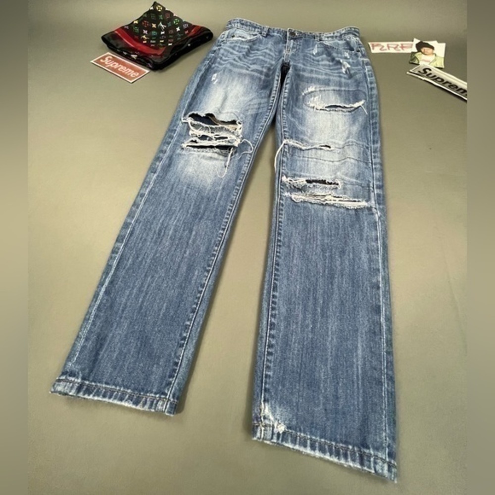 Thrashed Hige Faded Designer Denim Blue Ripped Jeans Stitching and Patchwork 💎 - Picture 3 of 16